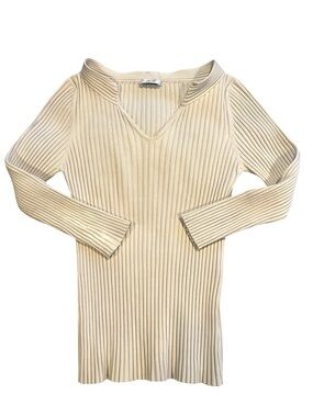 Y2K Cache Ribbed Knit Long Sleeve Top Cream V-Neck Fitted Stretch